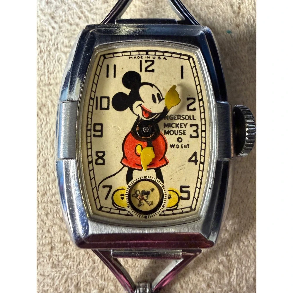 Vintage 1930s Ingersoll Mickey Mouse Watch Tonneau Case Mechanical USA Made